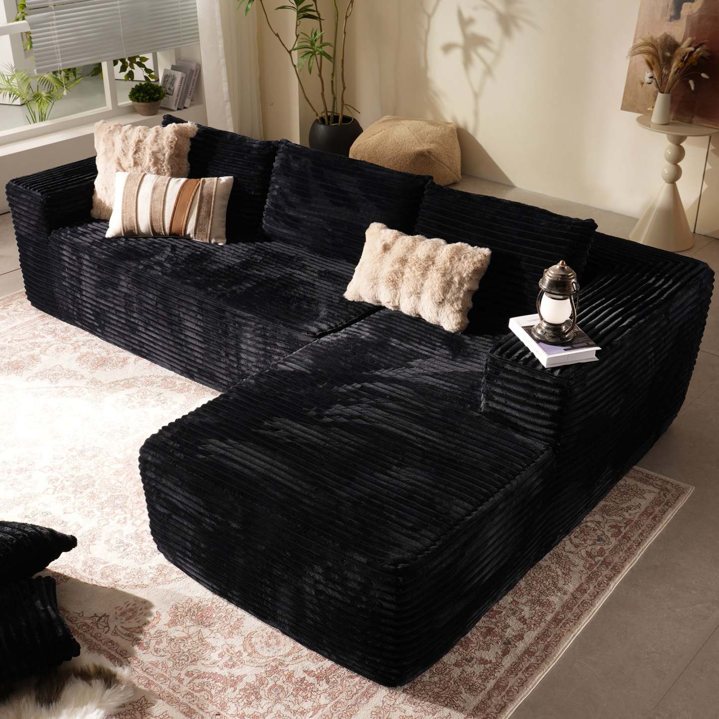 104" L-Shape Modular Couch with Chaise, Plush Corduroy Fabric, No Assembly Required