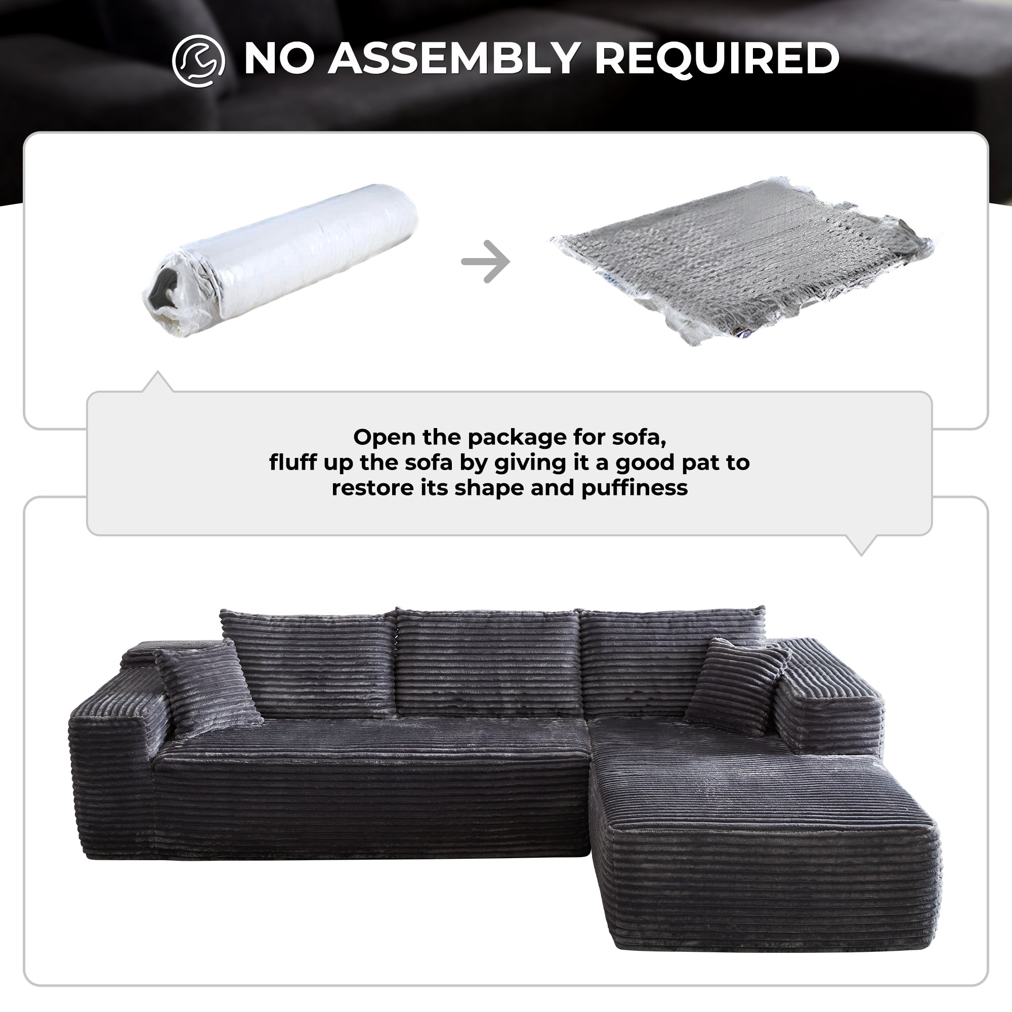 104" L-Shape Modular Couch with Chaise, Plush Corduroy Fabric, No Assembly Required