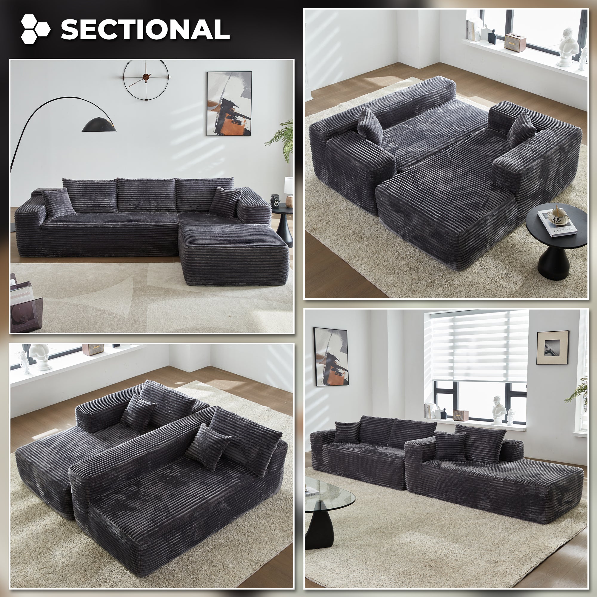 104" L-Shape Modular Couch with Chaise, Plush Corduroy Fabric, No Assembly Required