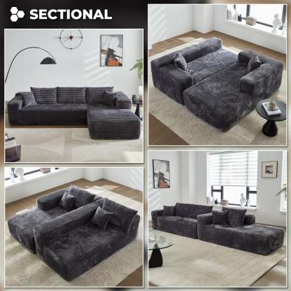 104" L-Shape Modular Couch with Chaise, Plush Corduroy Fabric, No Assembly Required