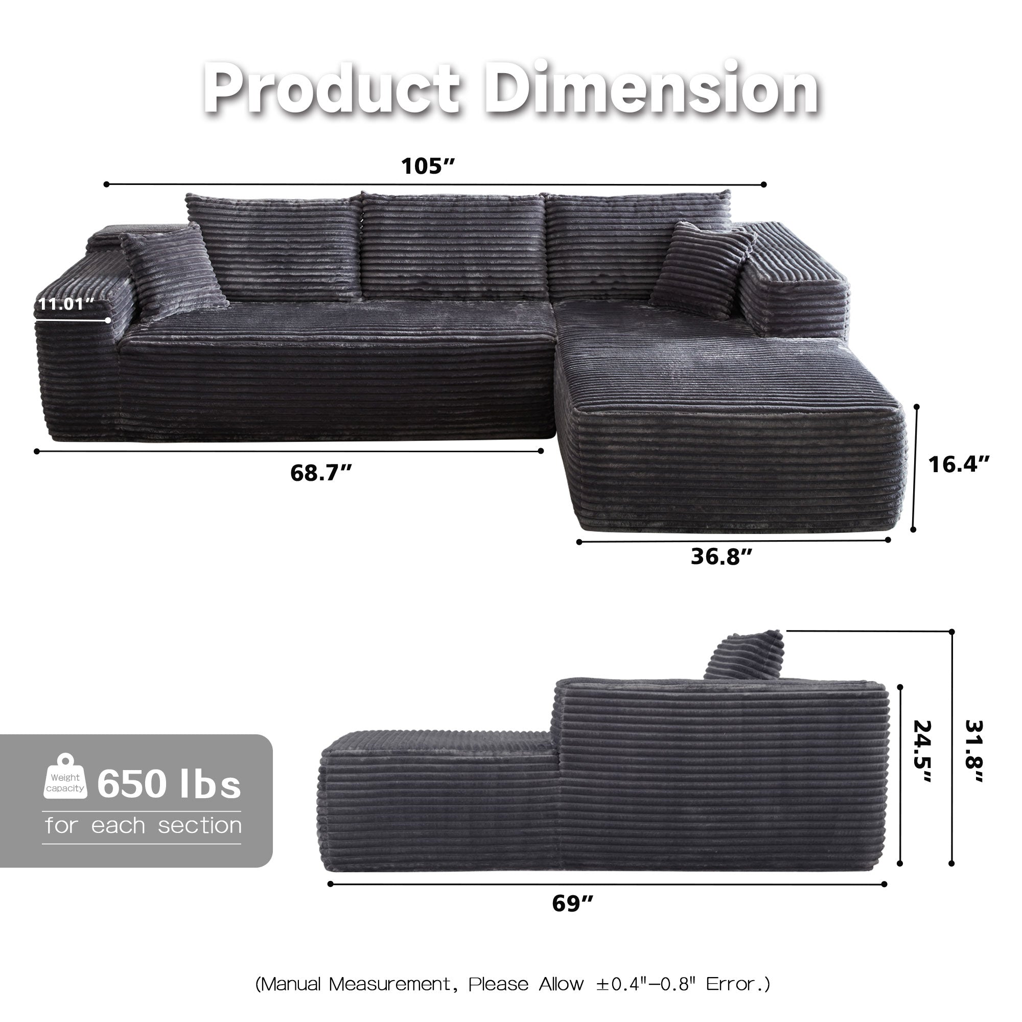 104" L-Shape Modular Couch with Chaise, Plush Corduroy Fabric, No Assembly Required