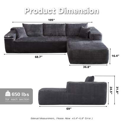 104" L-Shape Modular Couch with Chaise, Plush Corduroy Fabric, No Assembly Required