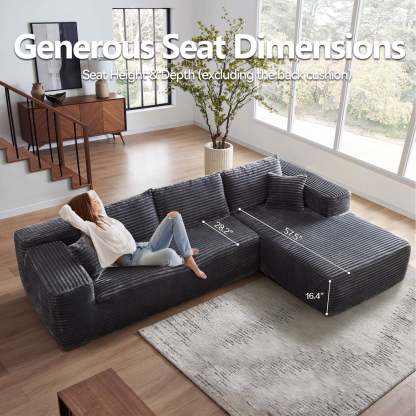 104" L-Shape Modular Couch with Chaise, Plush Corduroy Fabric, No Assembly Required