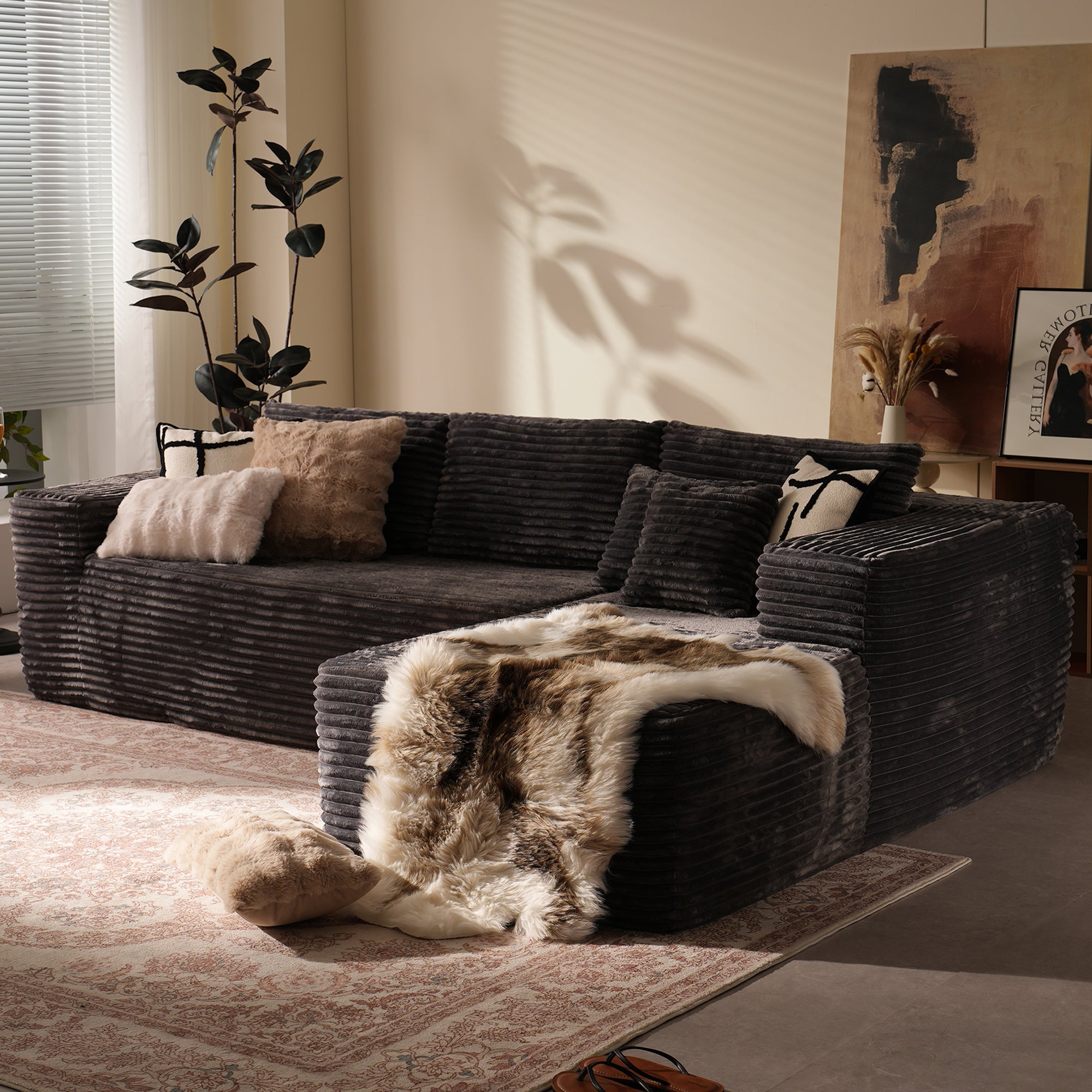 104" L-Shape Modular Couch with Chaise, Plush Corduroy Fabric, No Assembly Required