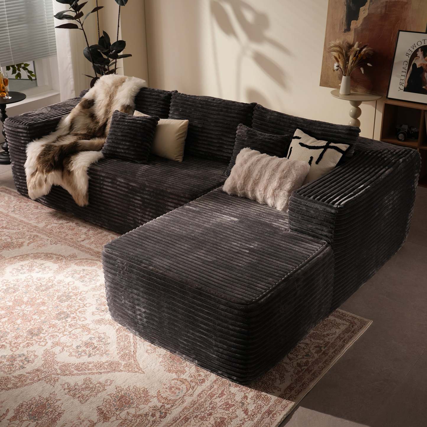 104" L-Shape Modular Couch with Chaise, Plush Corduroy Fabric, No Assembly Required