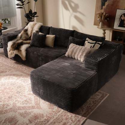 104" L-Shape Modular Couch with Chaise, Plush Corduroy Fabric, No Assembly Required