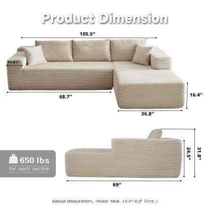 104" L-Shape Modular Couch with Chaise, Plush Corduroy Fabric, No Assembly Required