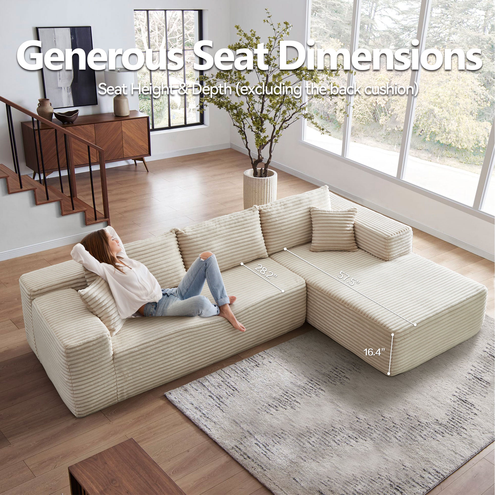 104" L-Shape Modular Couch with Chaise, Plush Corduroy Fabric, No Assembly Required