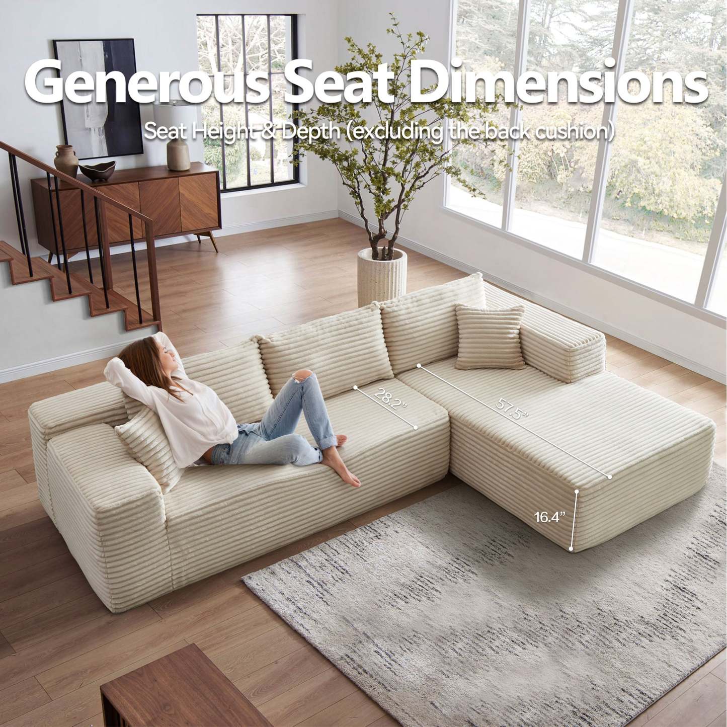 104" L-Shape Modular Couch with Chaise, Plush Corduroy Fabric, No Assembly Required