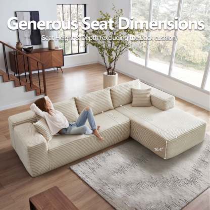 104" L-Shape Modular Couch with Chaise, Plush Corduroy Fabric, No Assembly Required