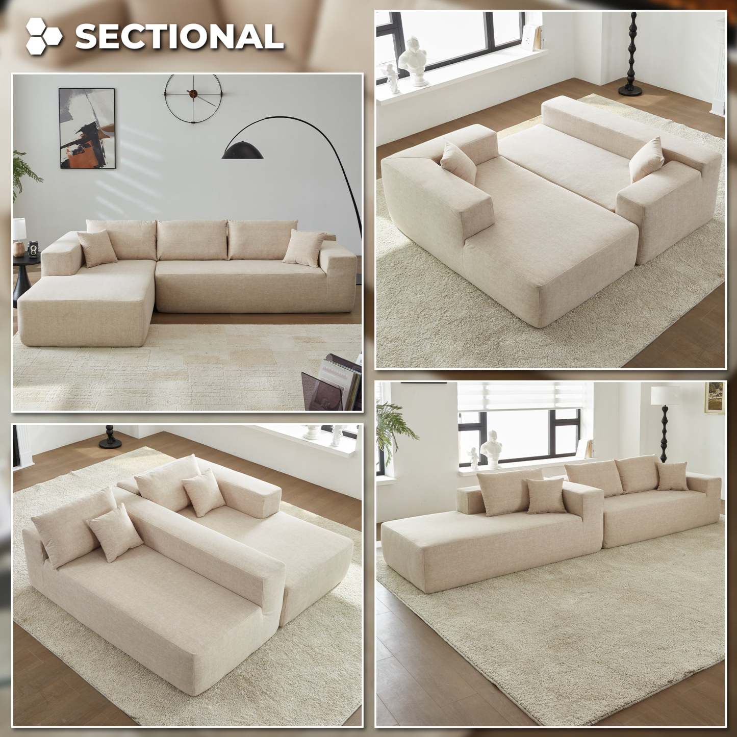 104" L-Shape Modular Couch with Chaise, Chenille Fabric, No Assembly Required