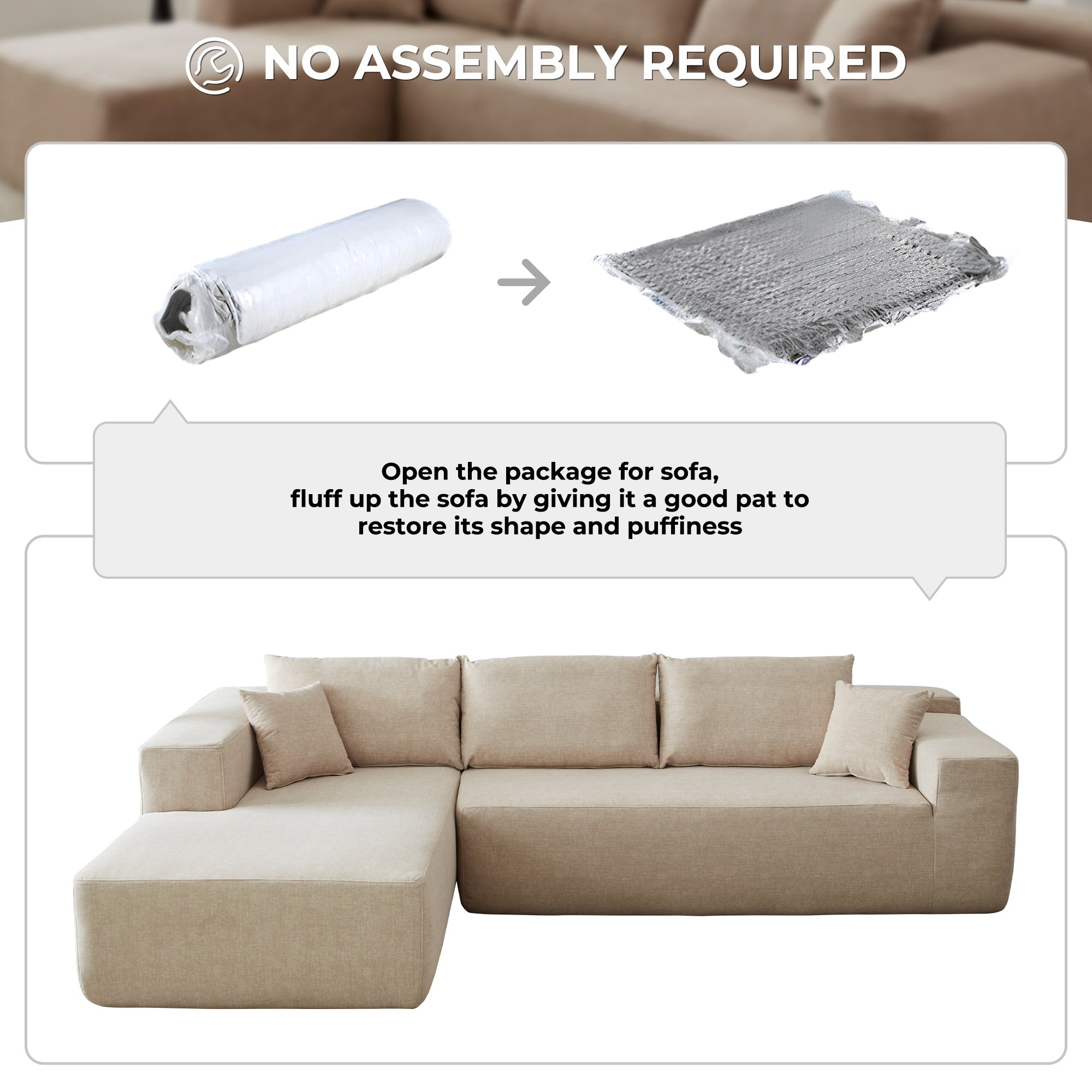 104" L-Shape Modular Couch with Chaise, Chenille Fabric, No Assembly Required