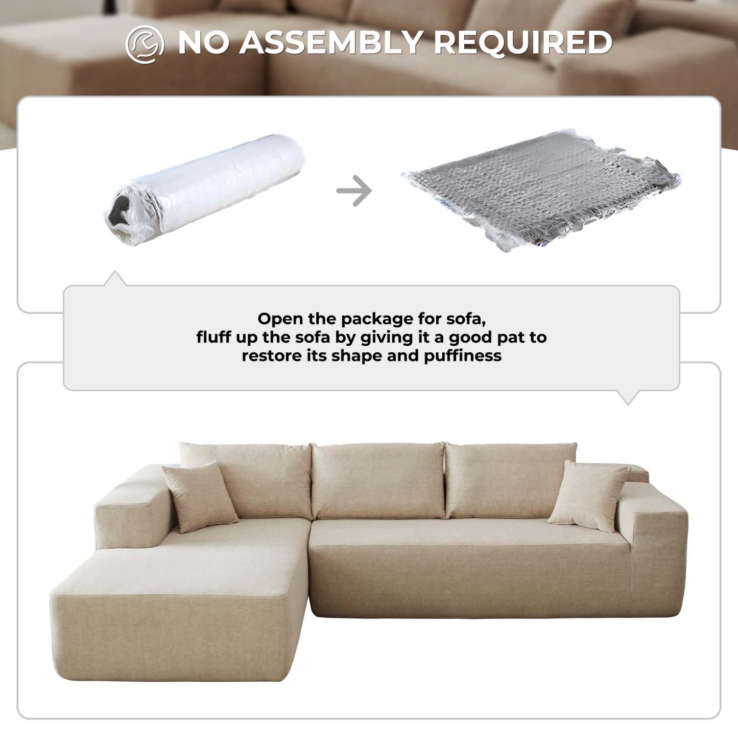 104" L-Shape Modular Couch with Chaise, Chenille Fabric, No Assembly Required