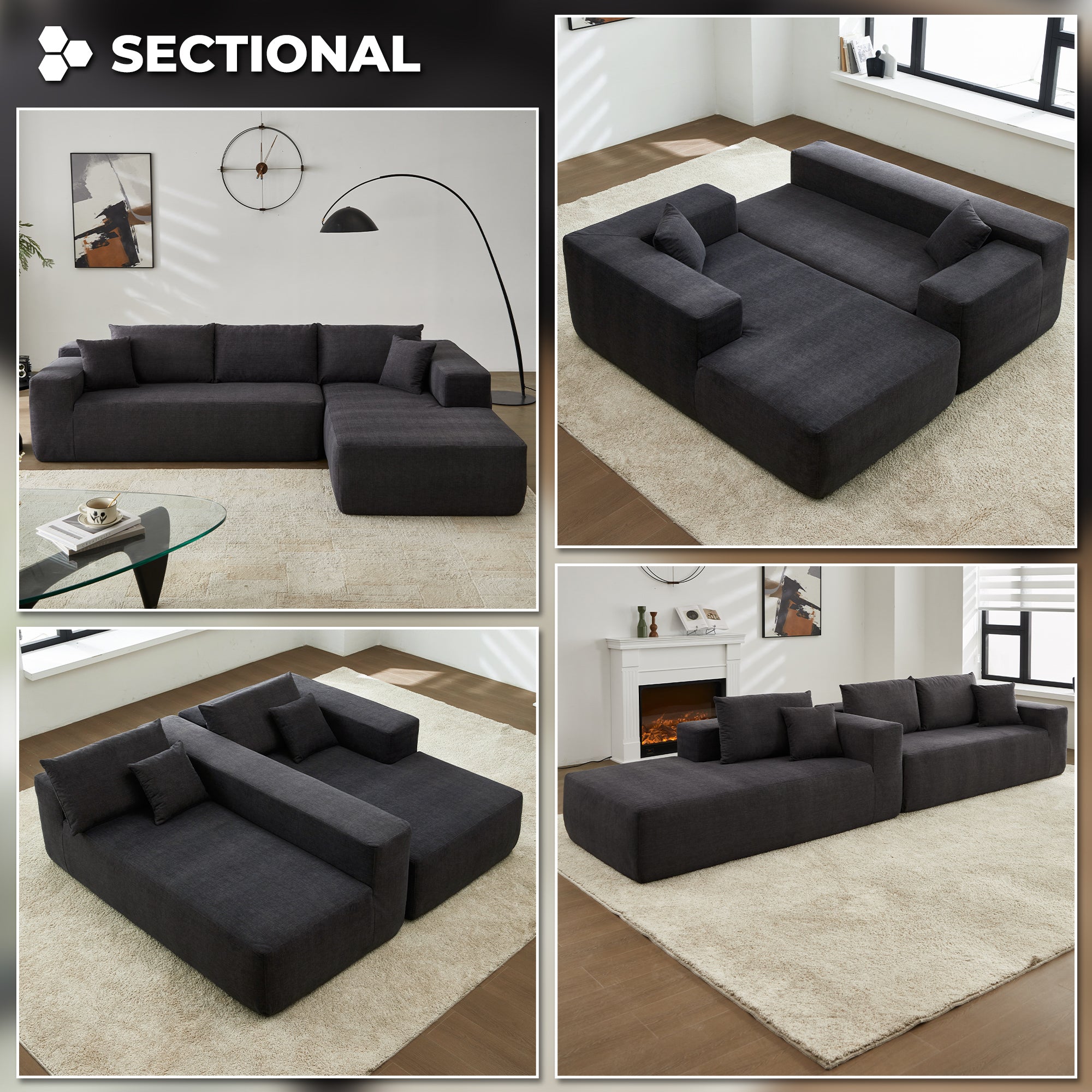 104" L-Shape Modular Couch with Chaise, Chenille Fabric, No Assembly Required