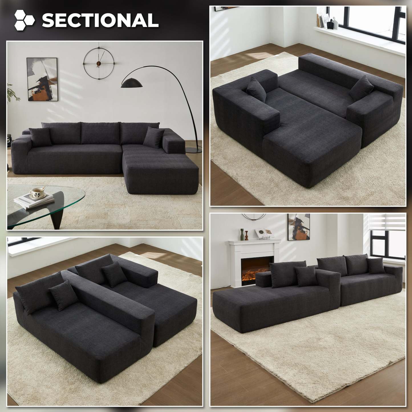 104" L-Shape Modular Couch with Chaise, Chenille Fabric, No Assembly Required
