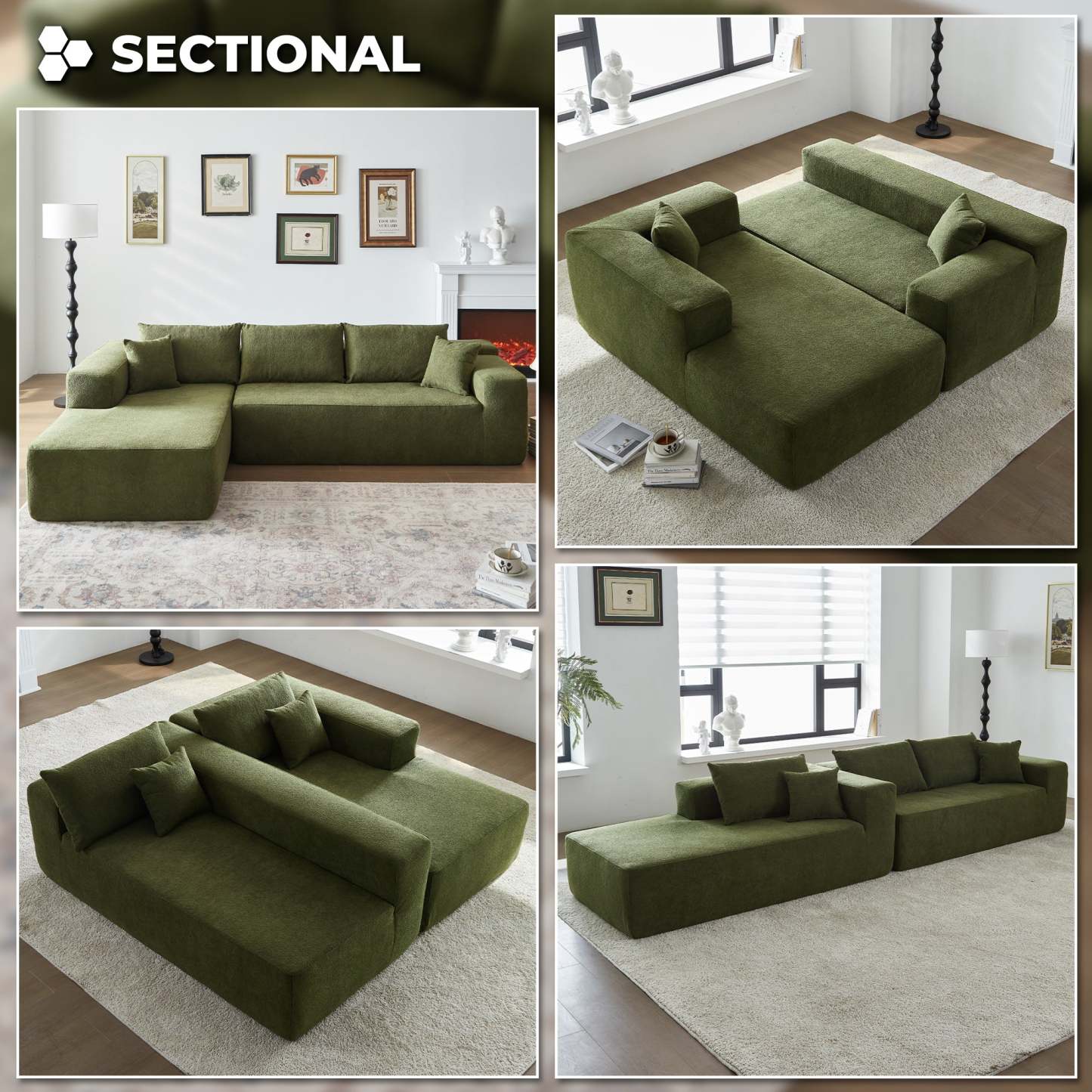 104" L-Shape Modular Couch with Chaise,Cloud Velvet Fabric,No Assembly Required