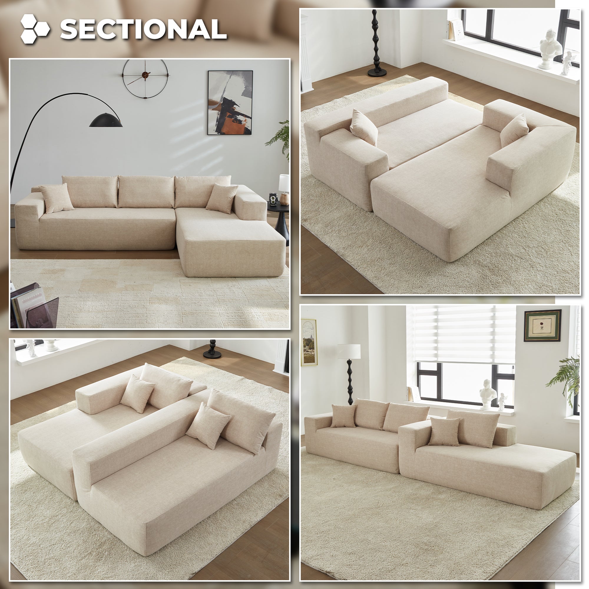 104" L-Shape Modular Couch with Chaise, Chenille Fabric, No Assembly Required