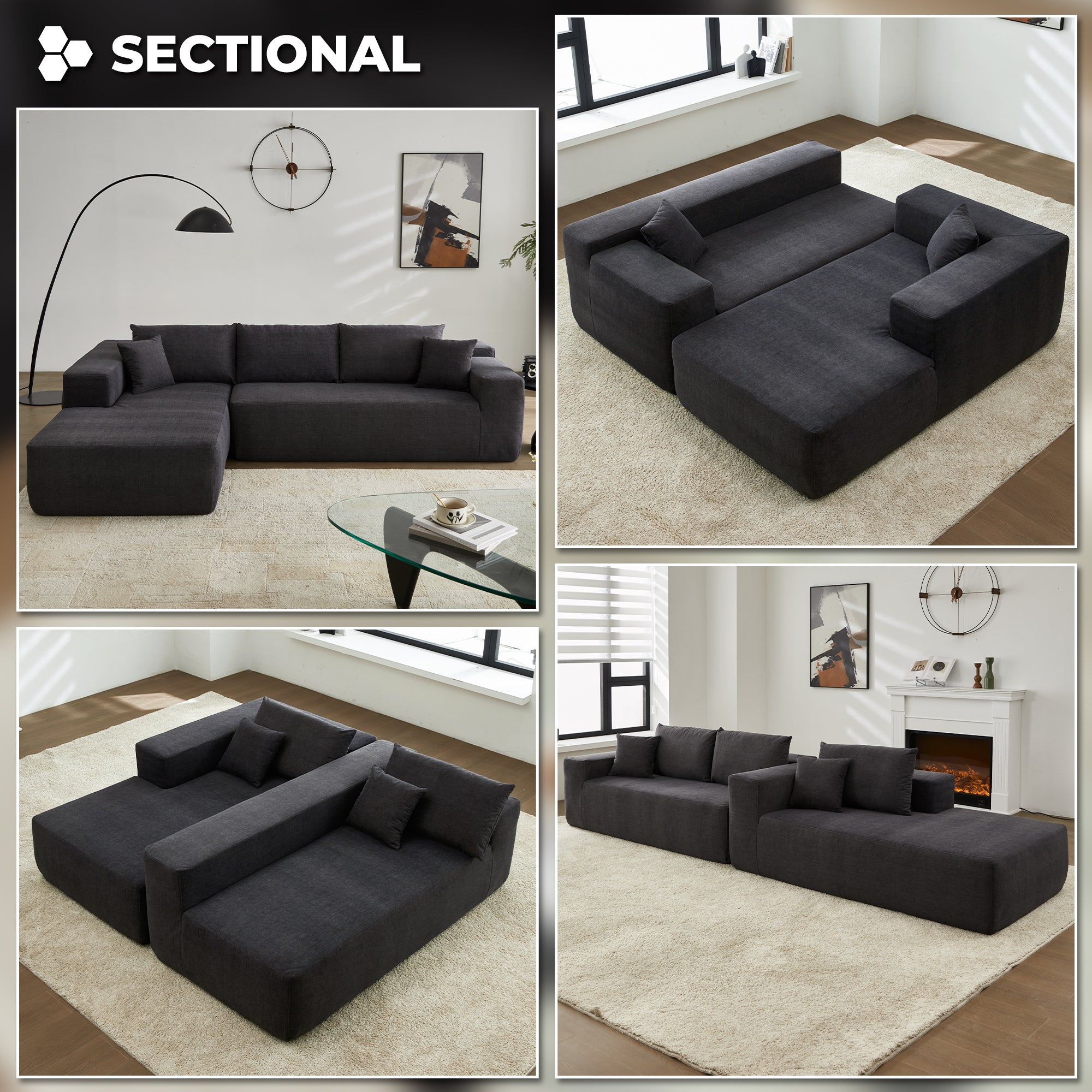 104" L-Shape Modular Couch with Chaise, Chenille Fabric, No Assembly Required