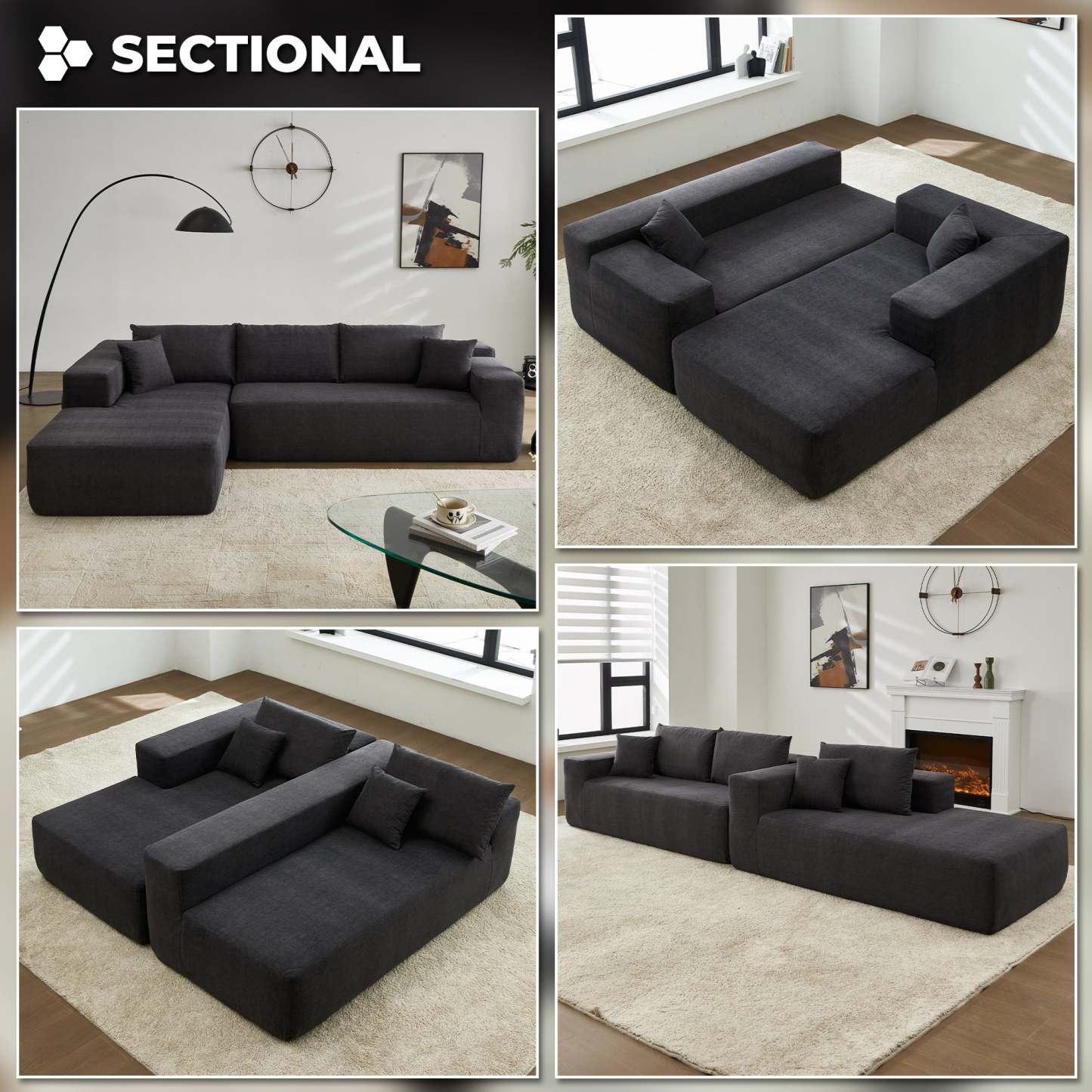 104" L-Shape Modular Couch with Chaise, Chenille Fabric, No Assembly Required