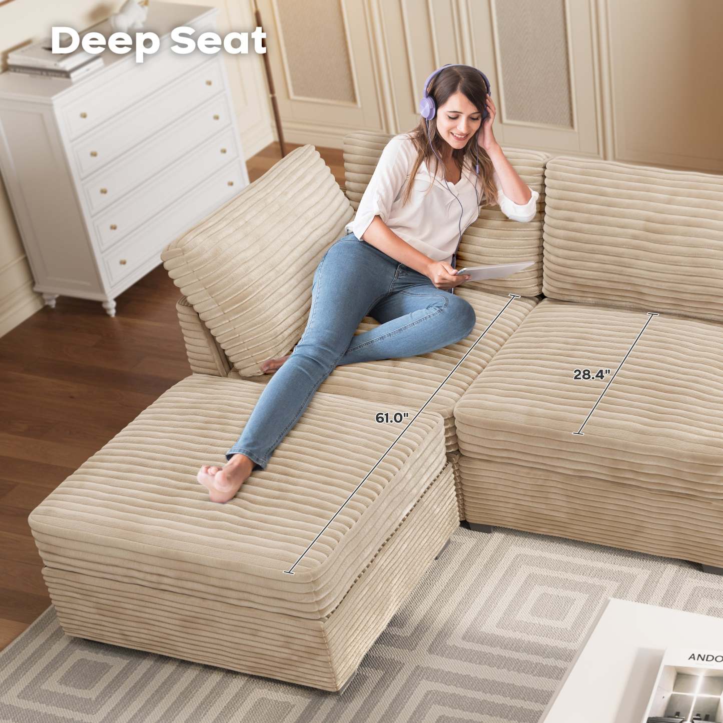 Living Room Modular Couch 5-Pieces Set, 1 Wale Plush Corduroy Fabric
