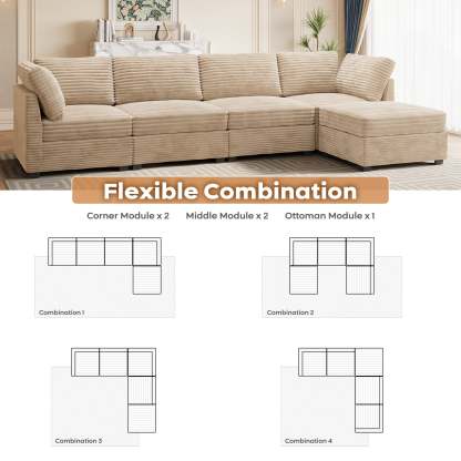 Living Room Modular Couch 5-Pieces Set, 1 Wale Plush Corduroy Fabric