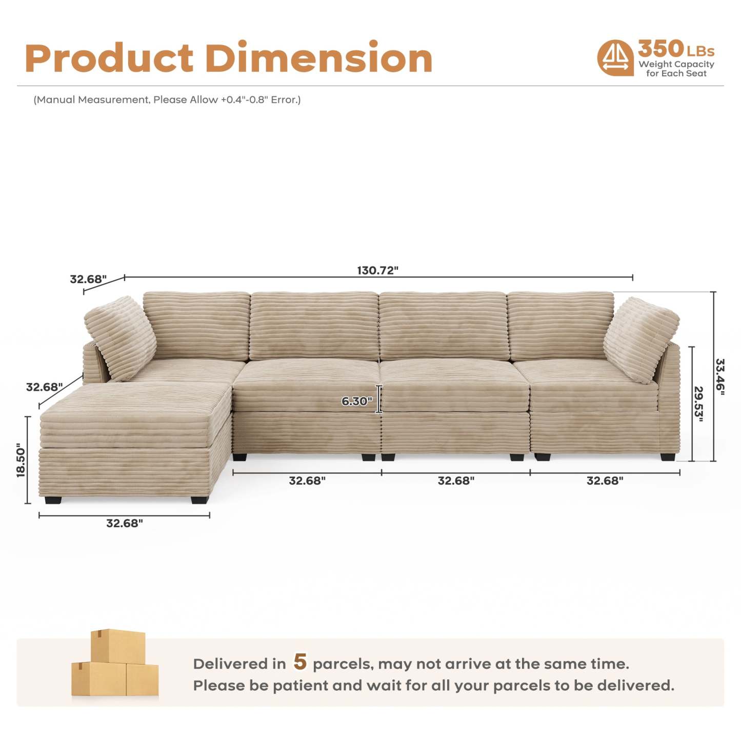 Living Room Modular Couch 5-Pieces Set, 1 Wale Plush Corduroy Fabric