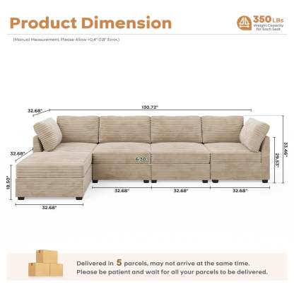 Living Room Modular Couch 5-Pieces Set, 1 Wale Plush Corduroy Fabric