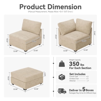 Living Room Modular Couch 5-Pieces Set, 1 Wale Plush Corduroy Fabric