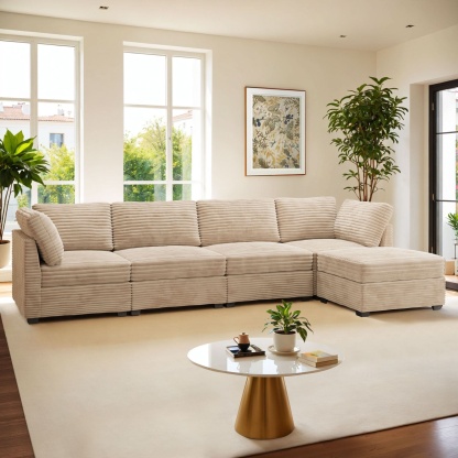 Living Room Modular Couch 5-Pieces Set, 1 Wale Plush Corduroy Fabric