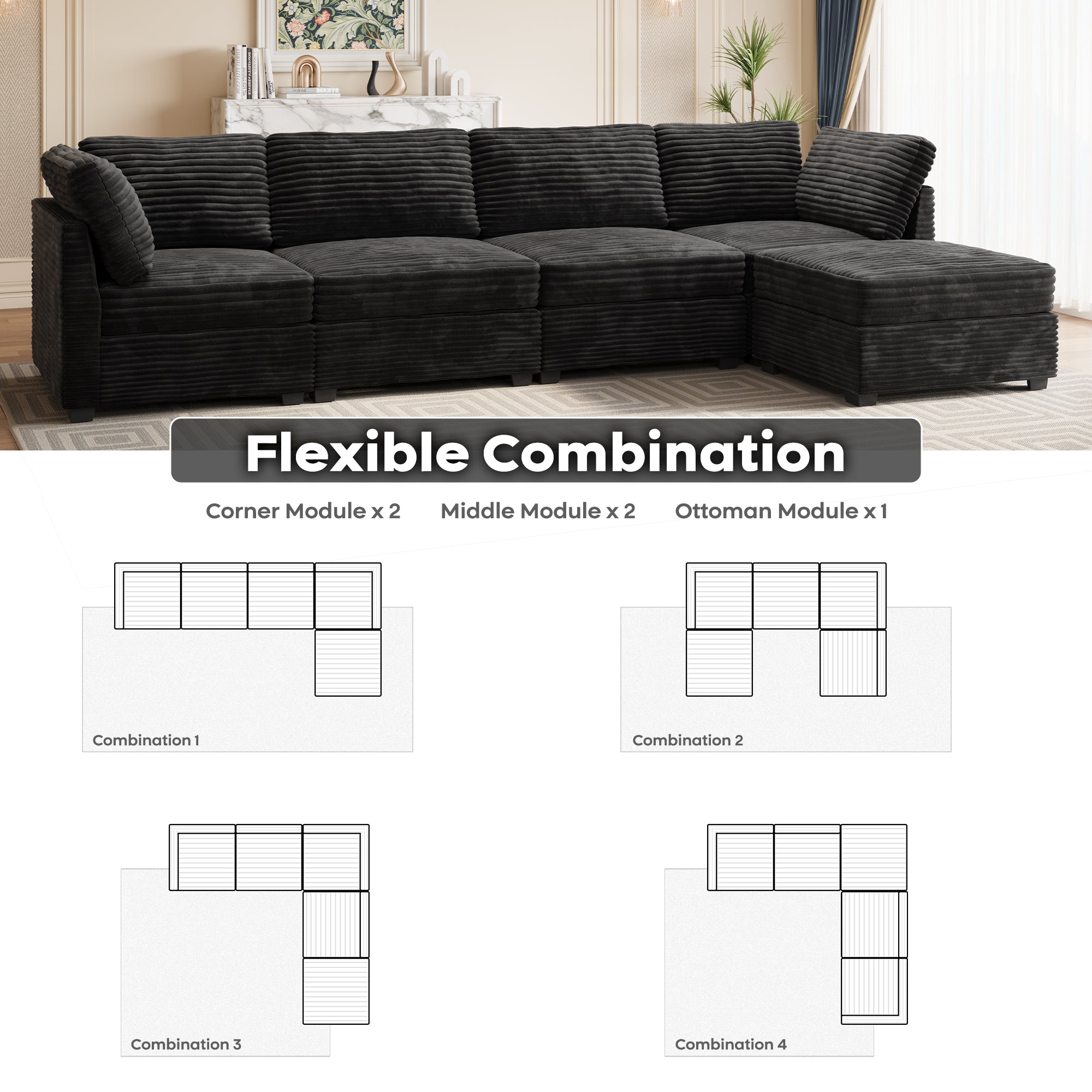 Living Room Modular Couch 5-Pieces Set, 1 Wale Plush Corduroy Fabric