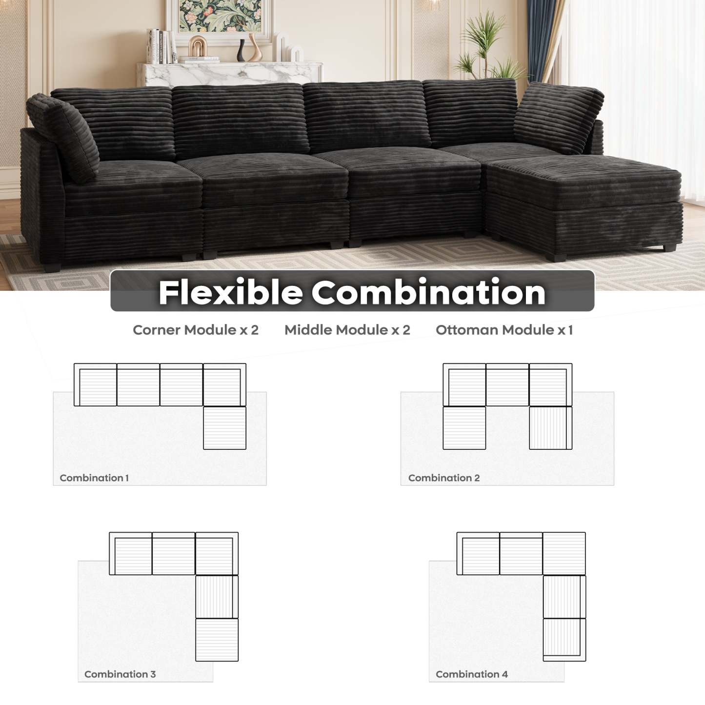 Living Room Modular Couch 5-Pieces Set, 1 Wale Plush Corduroy Fabric