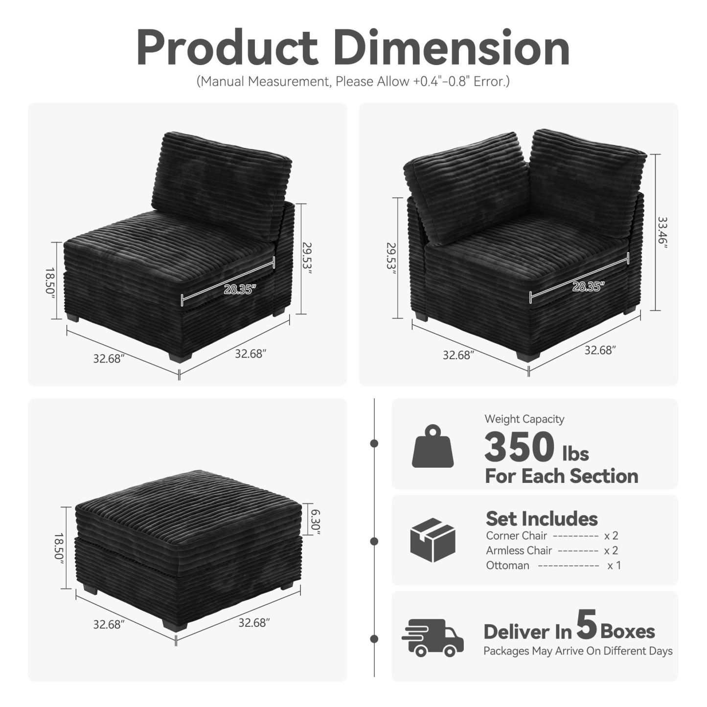 Living Room Modular Couch 5-Pieces Set, 1 Wale Plush Corduroy Fabric