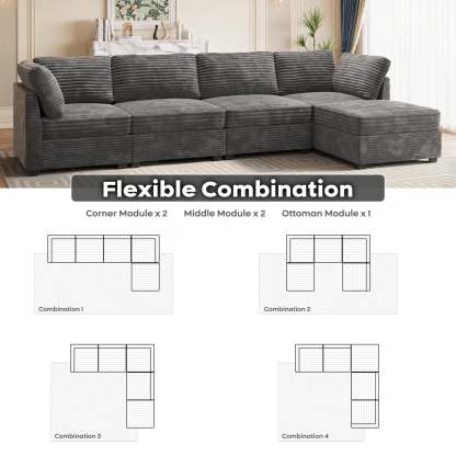 Living Room Modular Couch 5-Pieces Set, 1 Wale Plush Corduroy Fabric