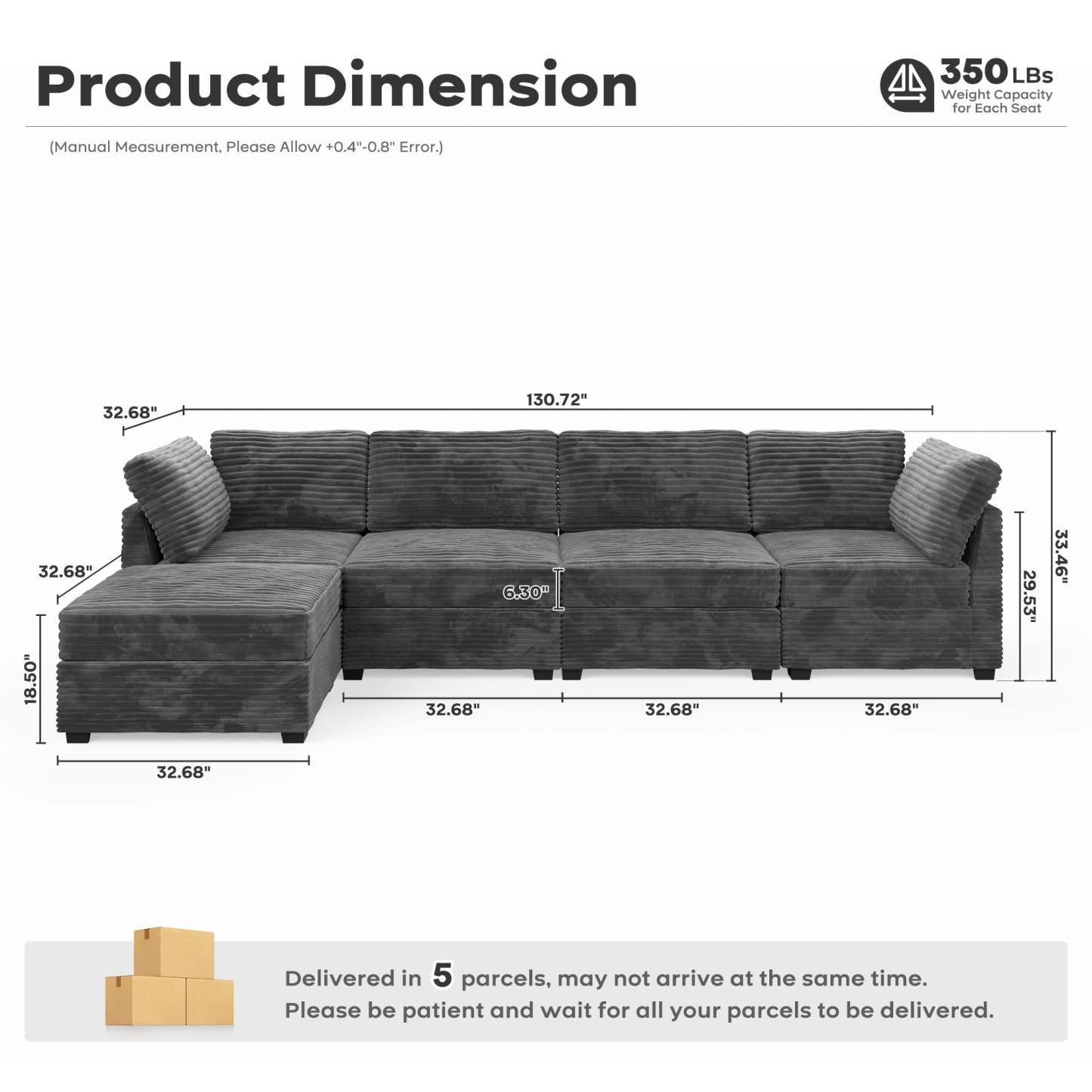 Living Room Modular Couch 5-Pieces Set, 1 Wale Plush Corduroy Fabric