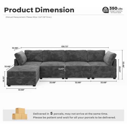 Living Room Modular Couch 5-Pieces Set, 1 Wale Plush Corduroy Fabric