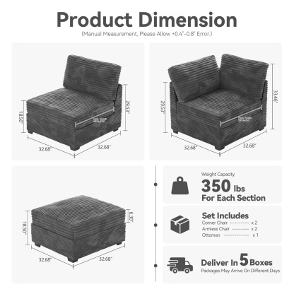 Living Room Modular Couch 5-Pieces Set, 1 Wale Plush Corduroy Fabric