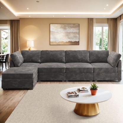 Living Room Modular Couch 5-Pieces Set, 1 Wale Plush Corduroy Fabric