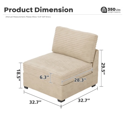 Living Room Modular Couch Armless Chair, 1 Wale Plush Corduroy Fabric
