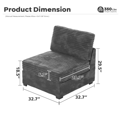 Living Room Modular Couch Armless Chair, 1 Wale Plush Corduroy Fabric