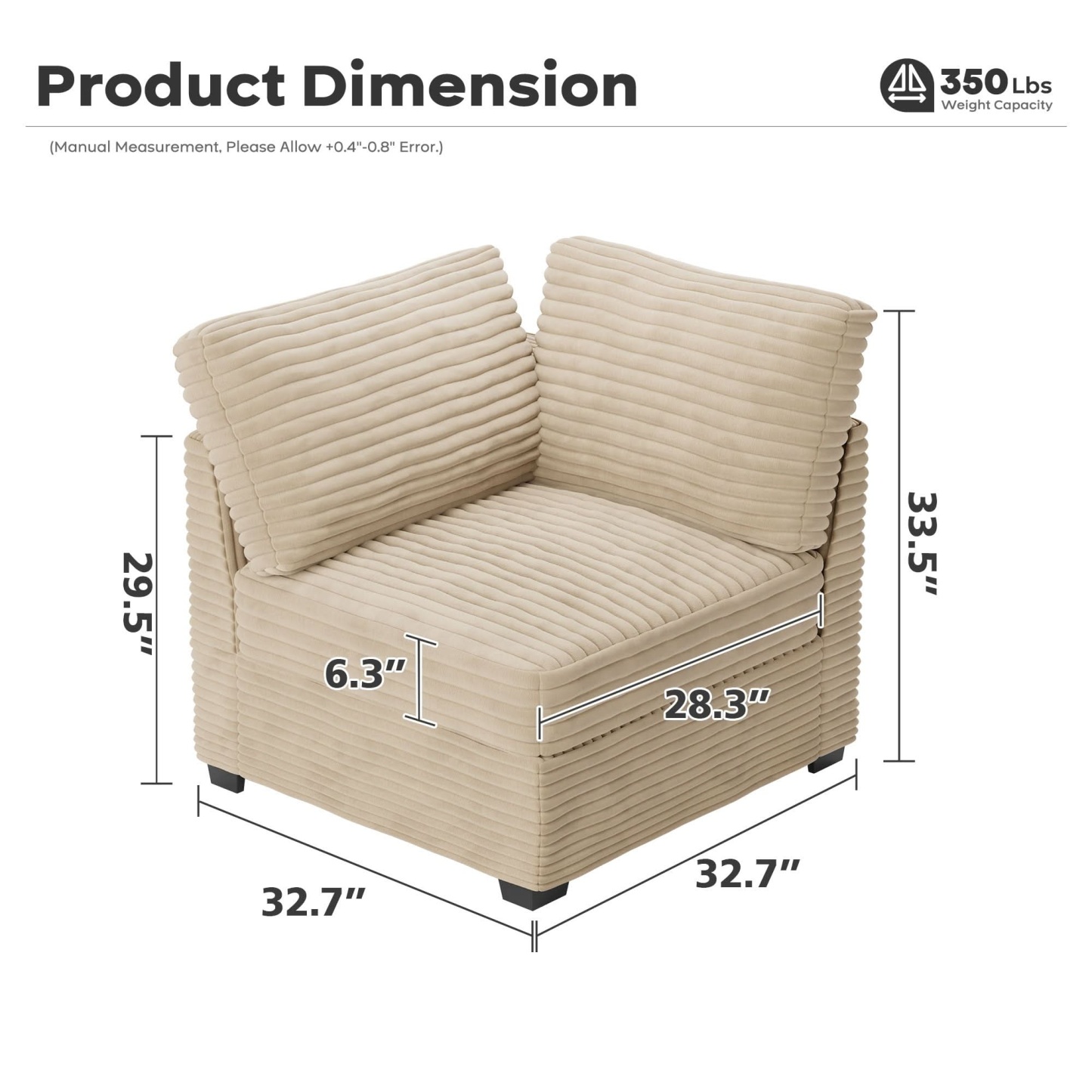 Living Room Modular Couch Corner Chair, 1 Wale Plush Corduroy Fabric