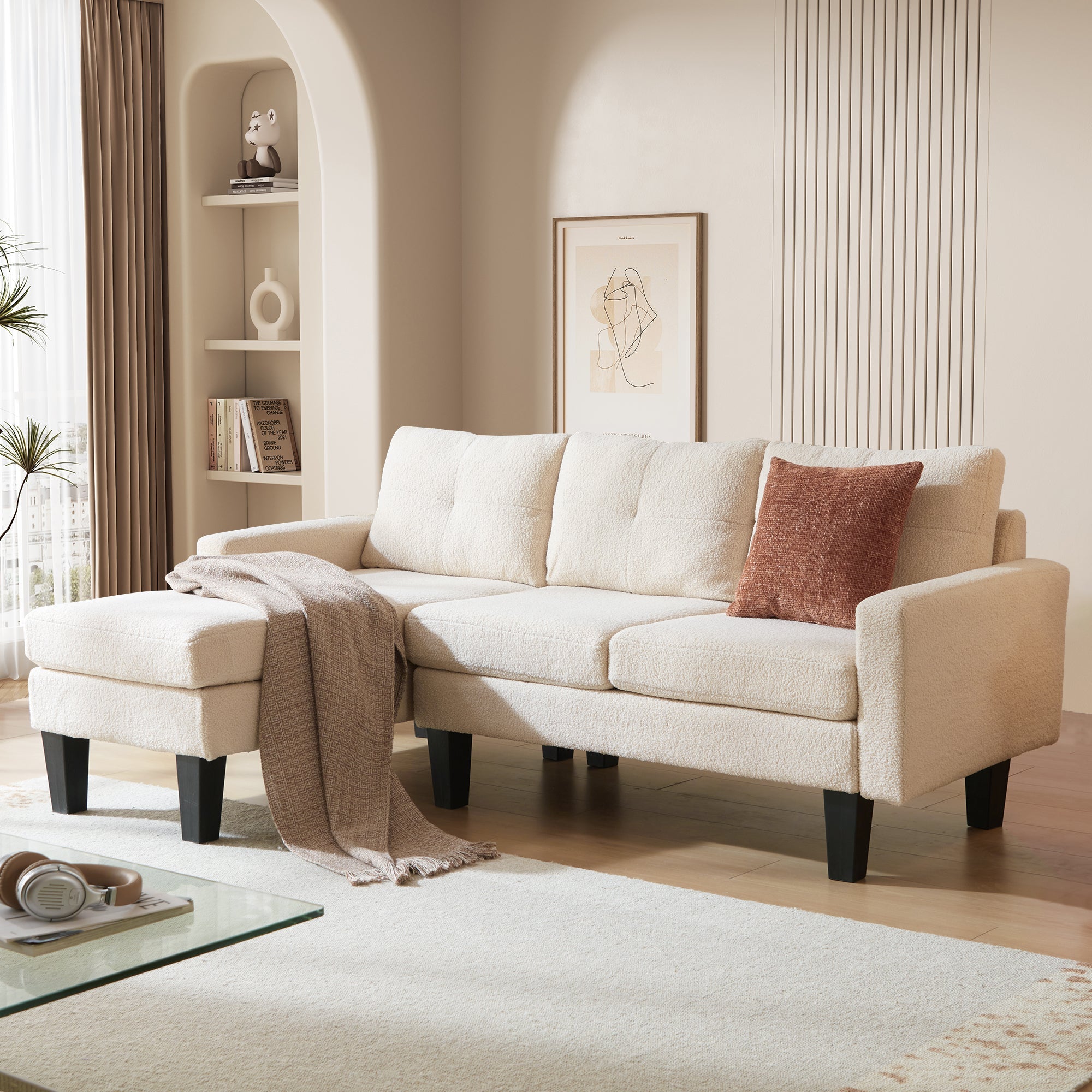 80" Small L Shape Sofa, Teddy Velvet Fabric