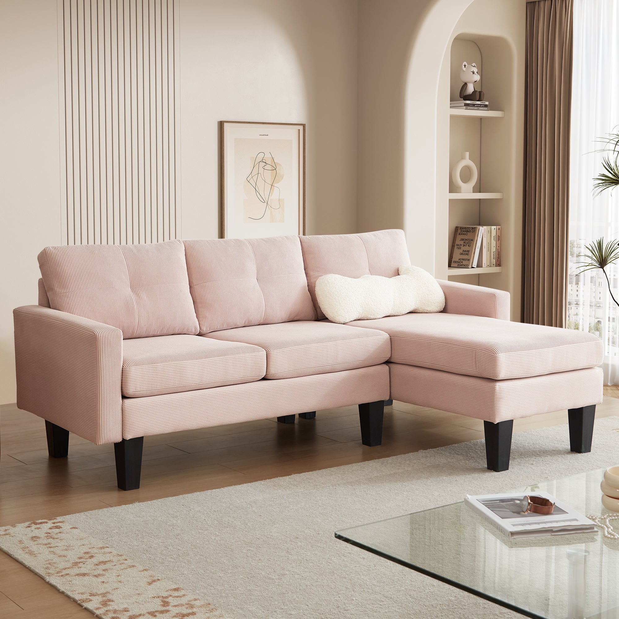 80" Small L Shape Sofa, Corduroy Fabric