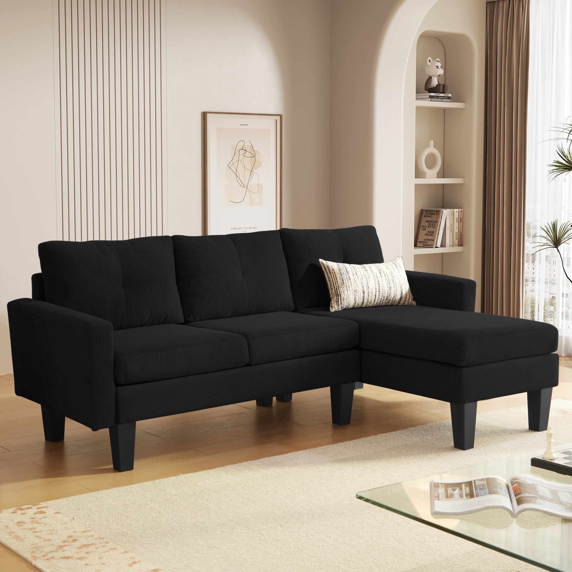 80" Small L Shape Sofa, Corduroy Fabric