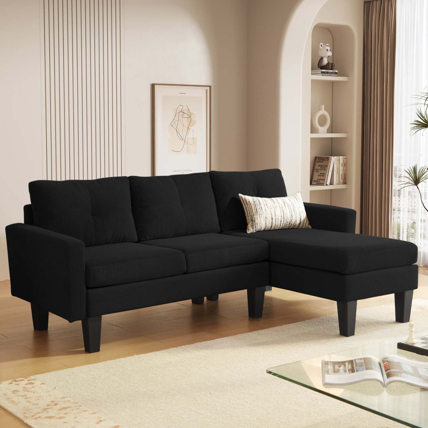 80" Small L Shape Sofa, Corduroy Fabric