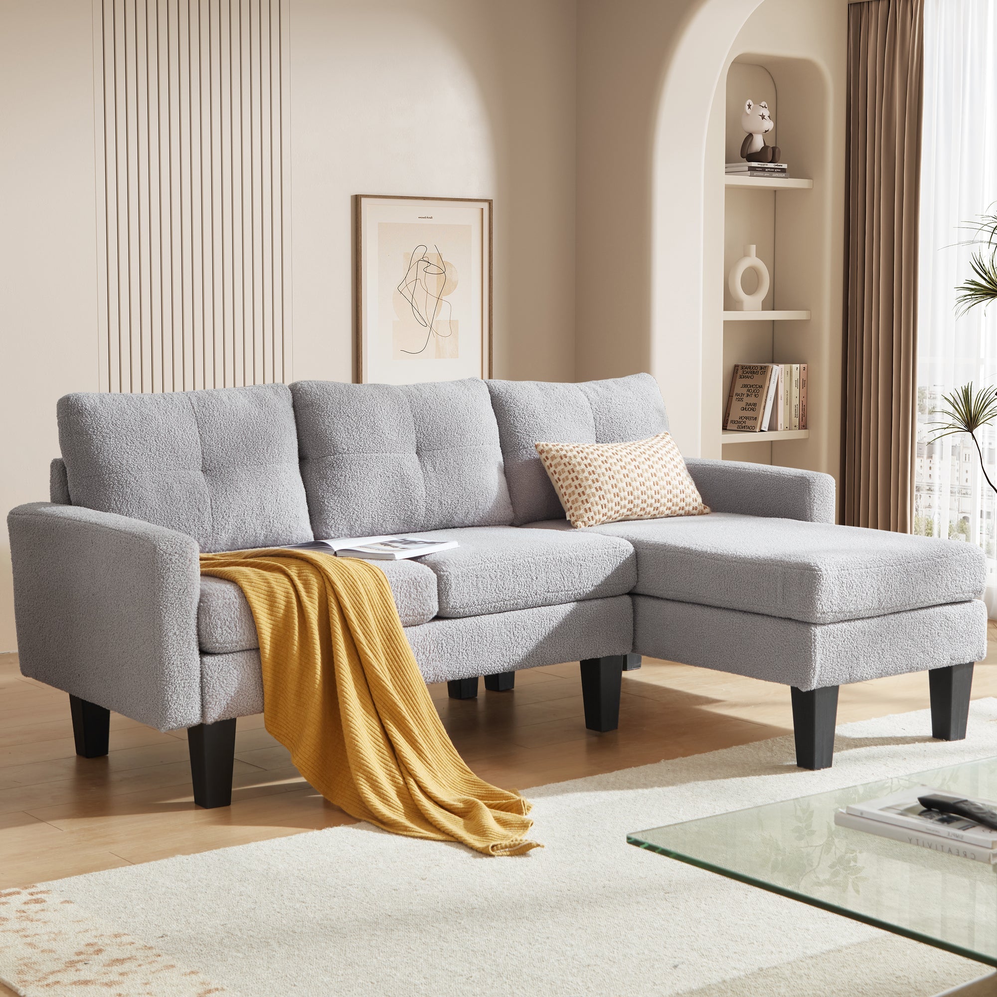 80" Small L Shape Sofa, Teddy Velvet Fabric