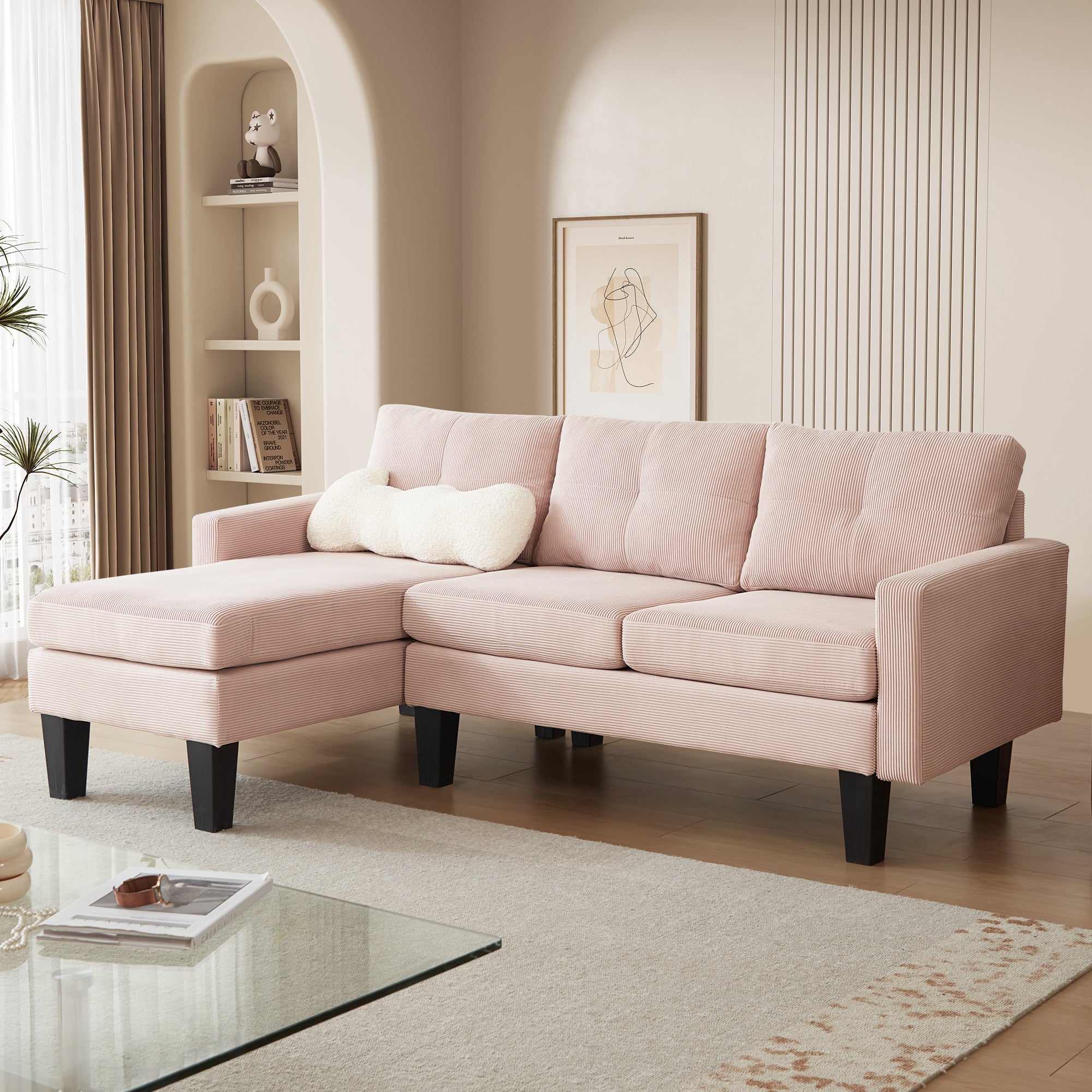 80" Small L Shape Sofa, Corduroy Fabric