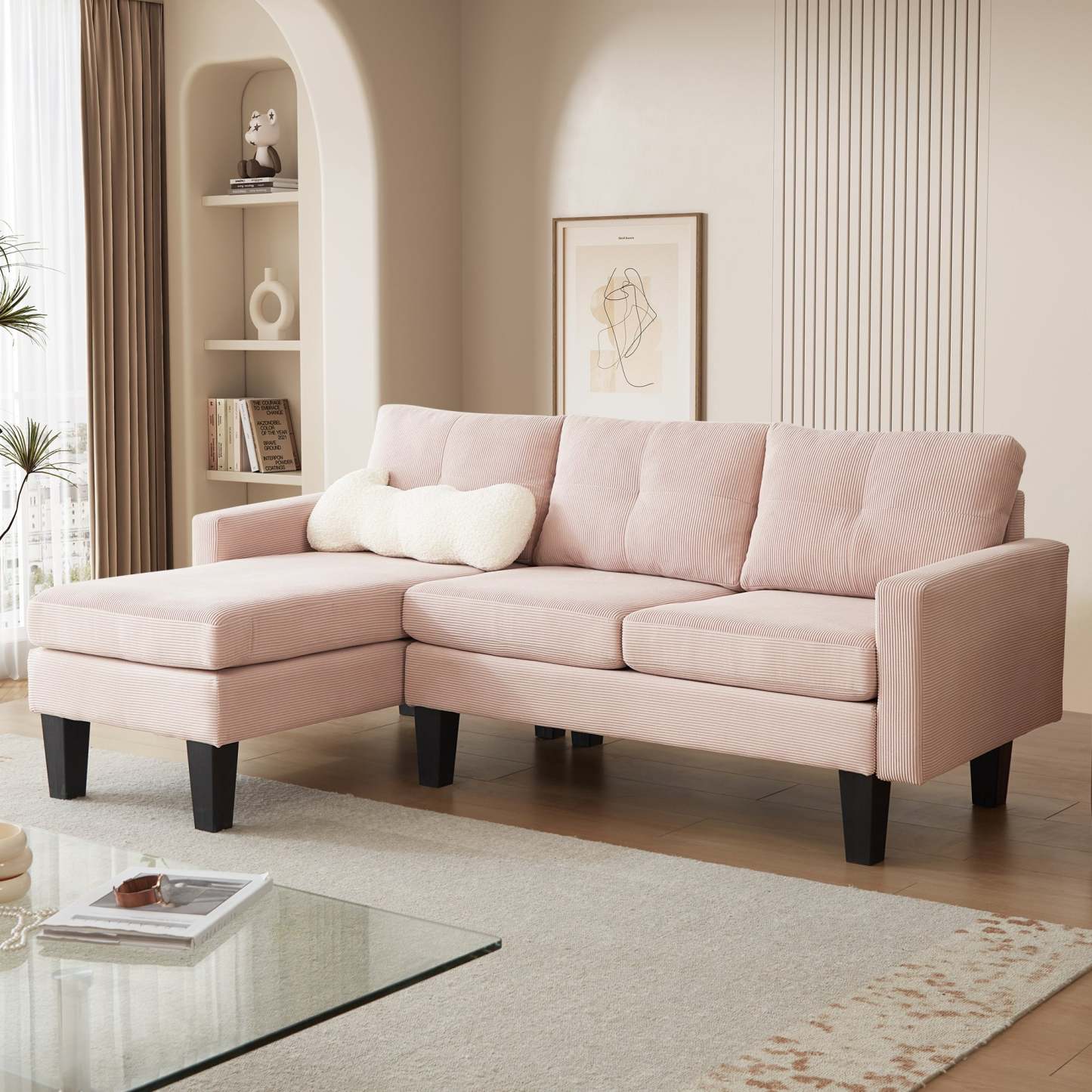 80" Small L Shape Sofa, Corduroy Fabric