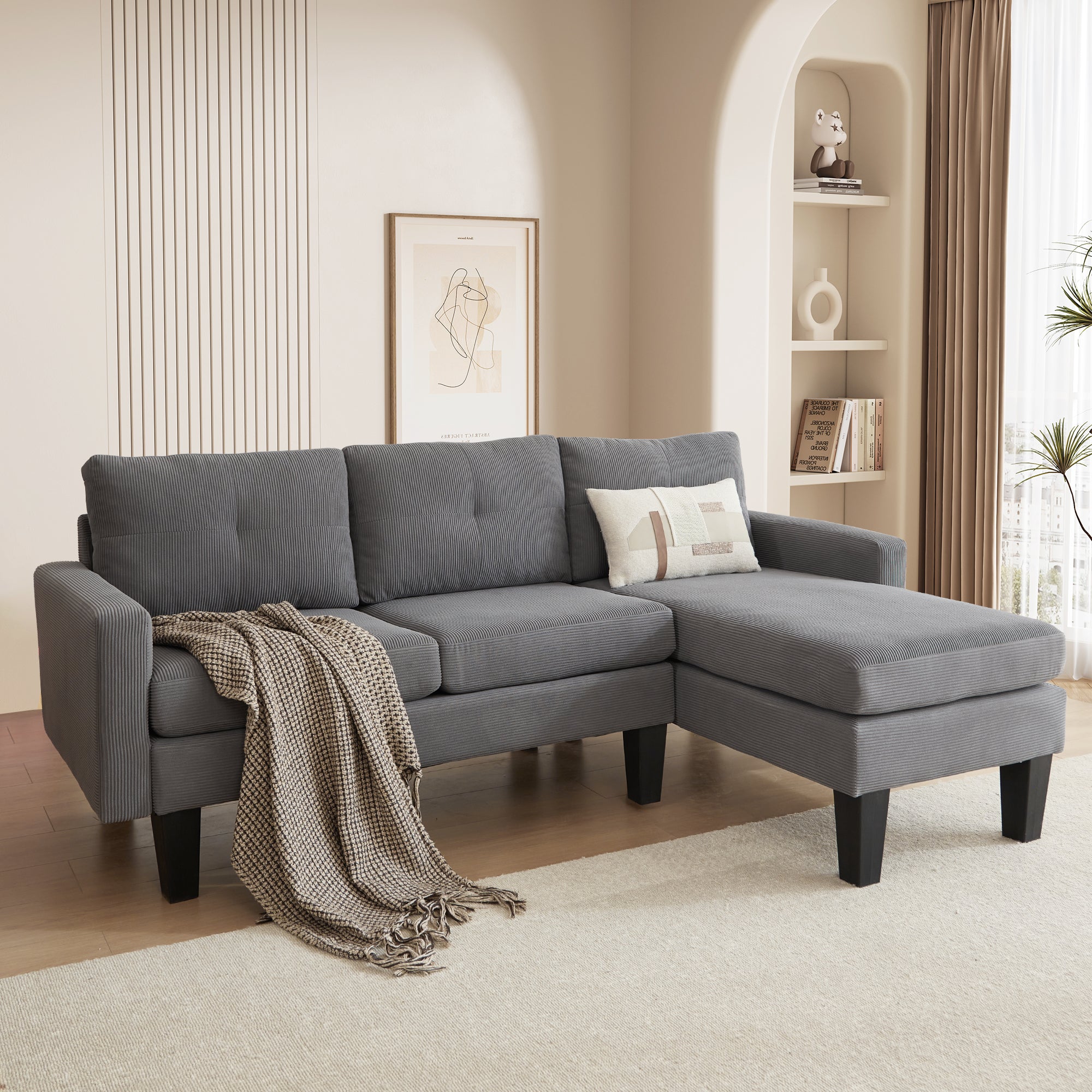 80" Small L Shape Sofa, Corduroy Fabric