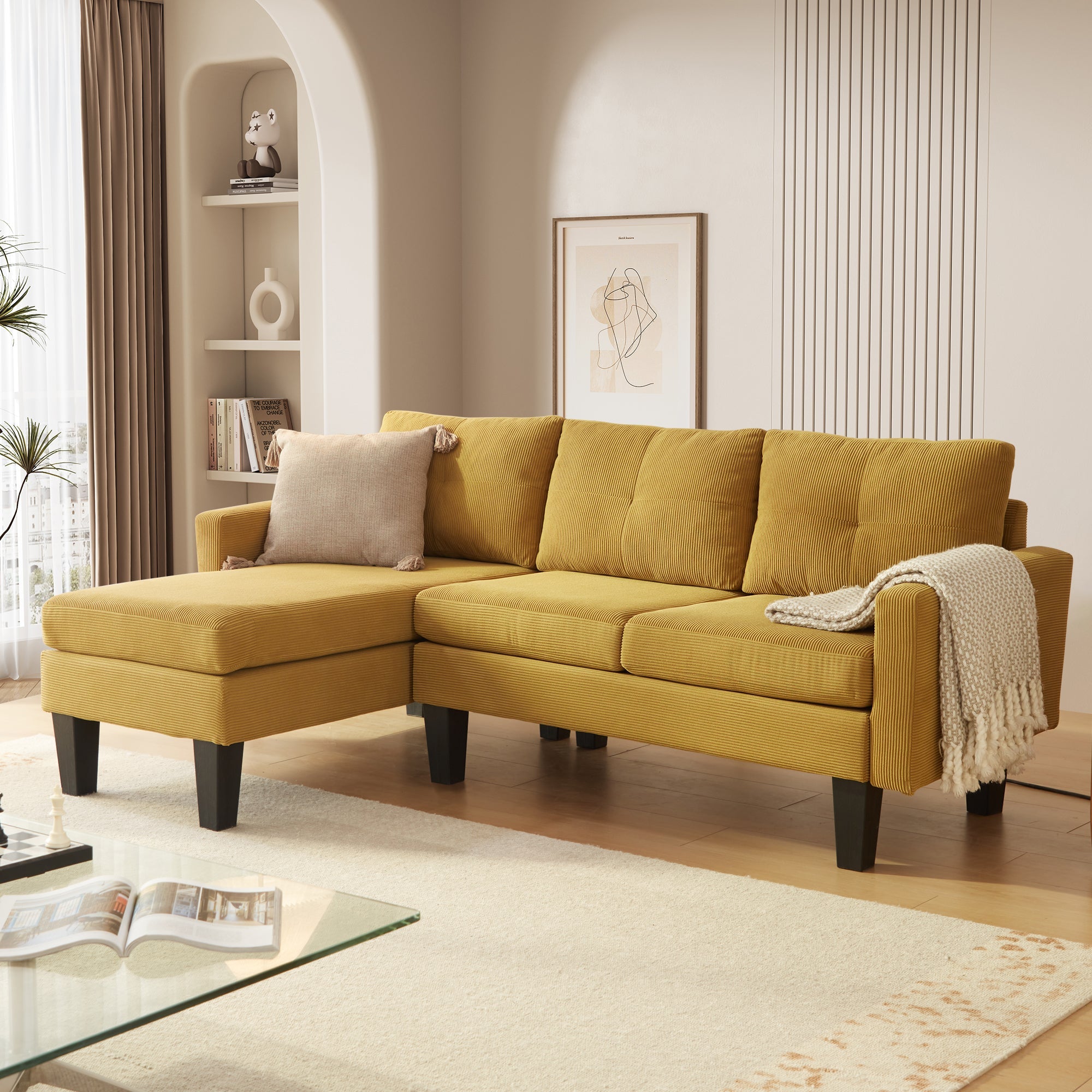 80" Small L Shape Sofa, Teddy Velvet Fabric