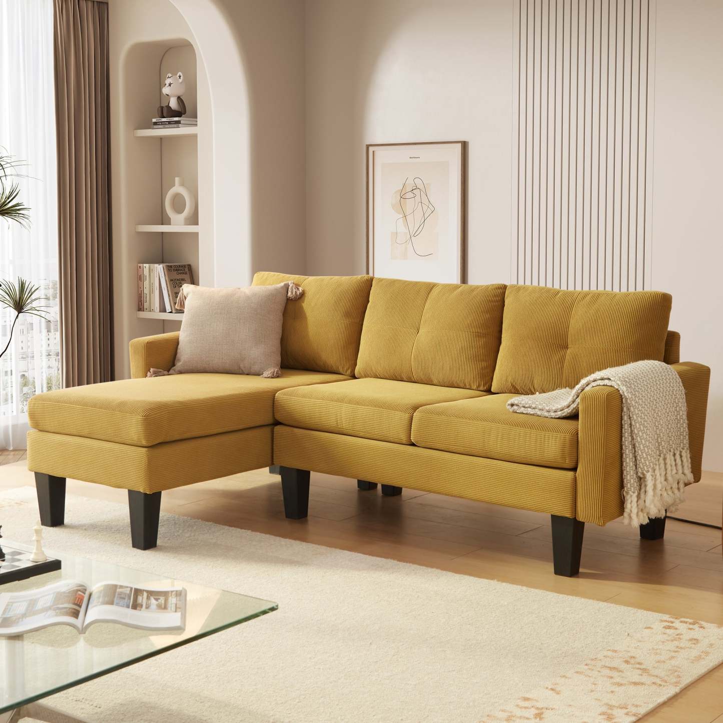 80" Small L Shape Sofa, Teddy Velvet Fabric